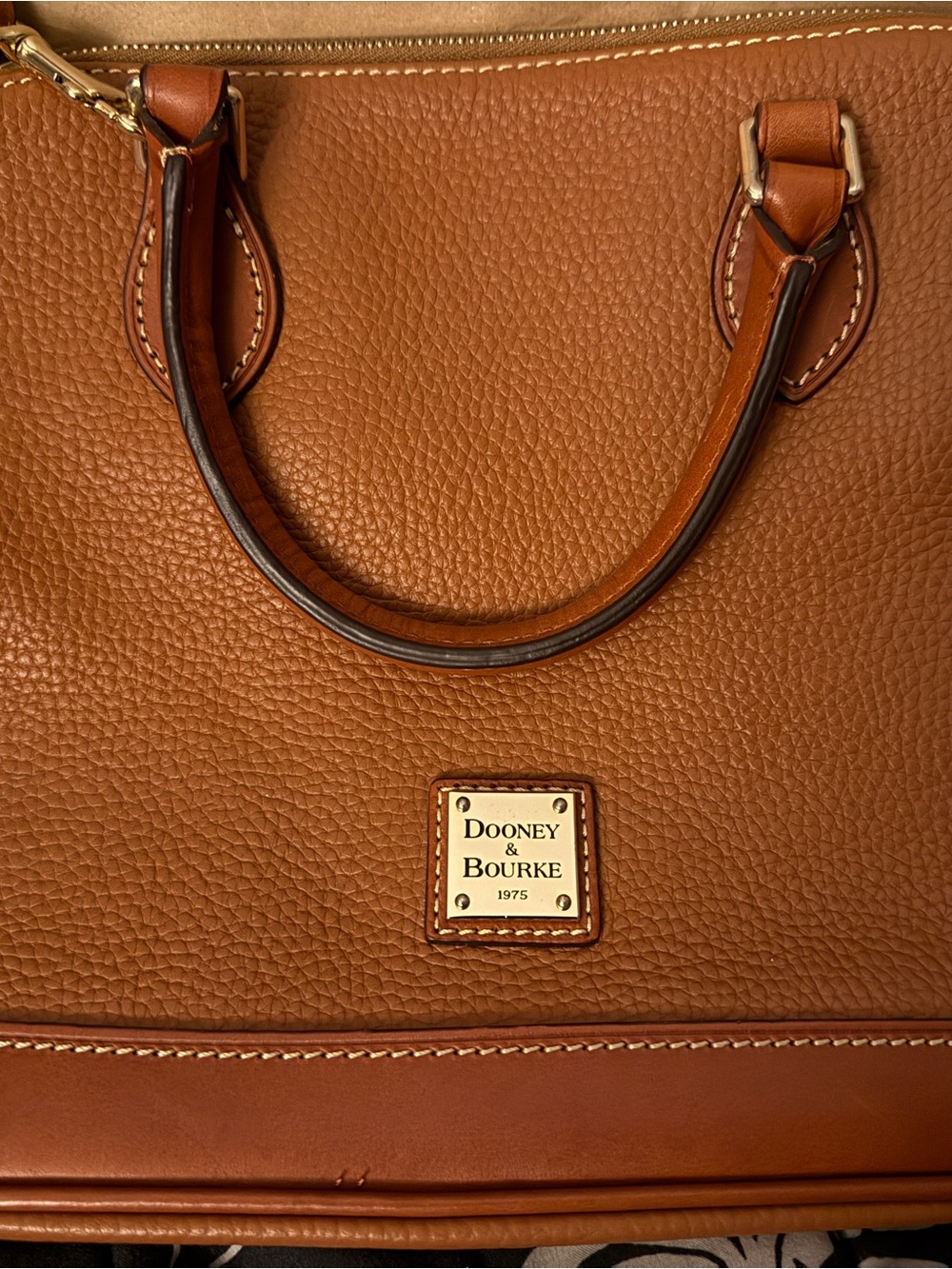 Dooney & Bourke Pebbled Leather Satchel in Cognac Brown with Gold Plaque